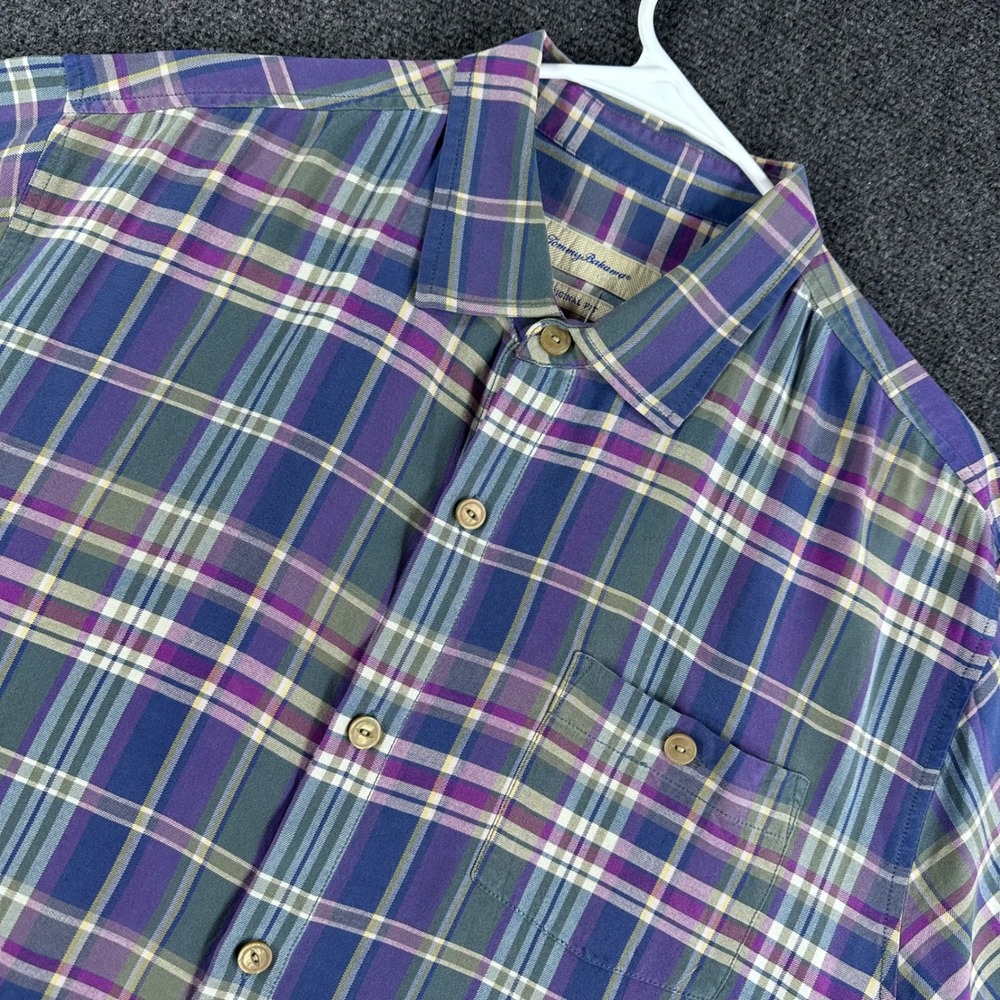 Tommy Bahama Mens XL Silk Short Sleeve Plaid Button Down Shirt Purple Blue